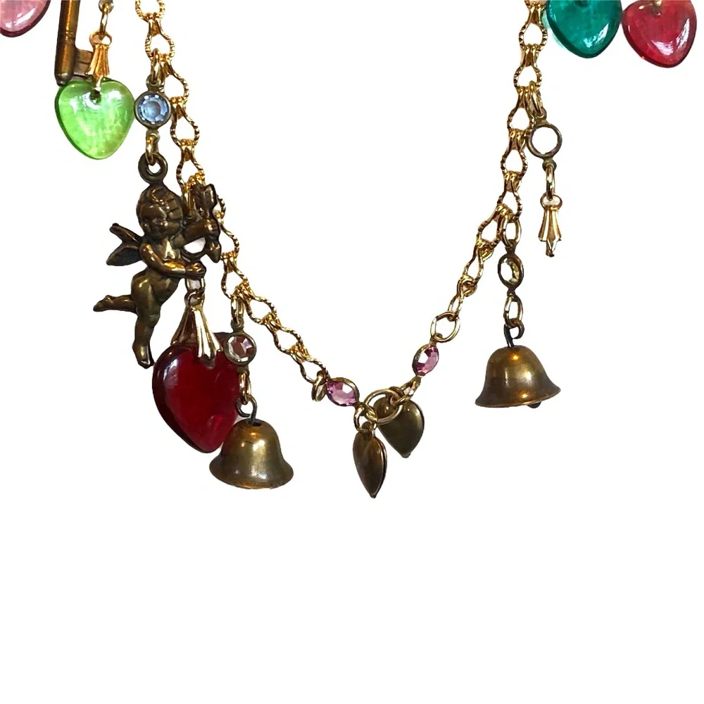 VINTAGE CHARM NECKLACE WITH CUPIDS, HEARTS , BELLS, KEYS & FLOWERS - Picture 5 of 16